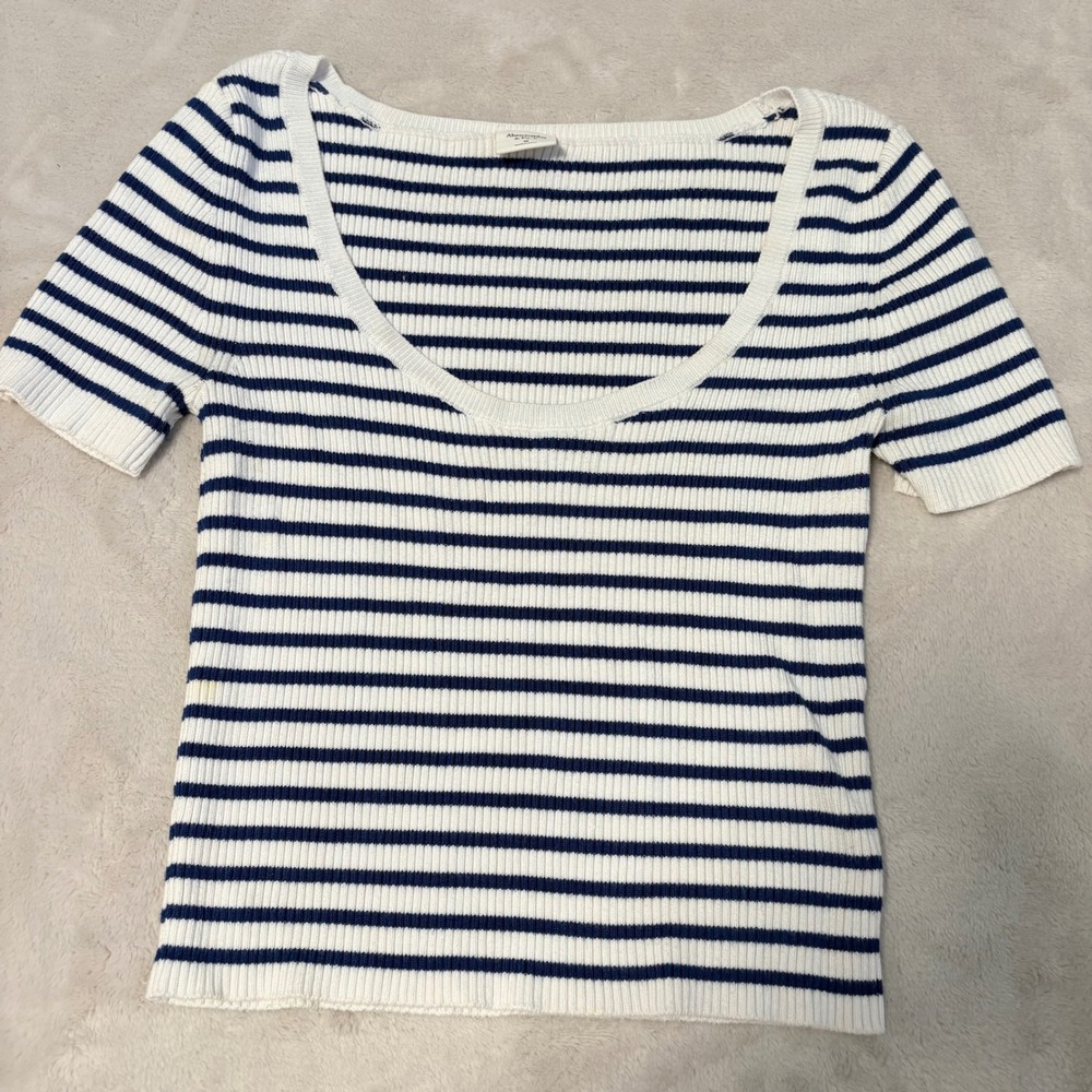 Abercrombie & Fitch Striped Ribbed Scoop Neck Top Womens Blue White Size M Short